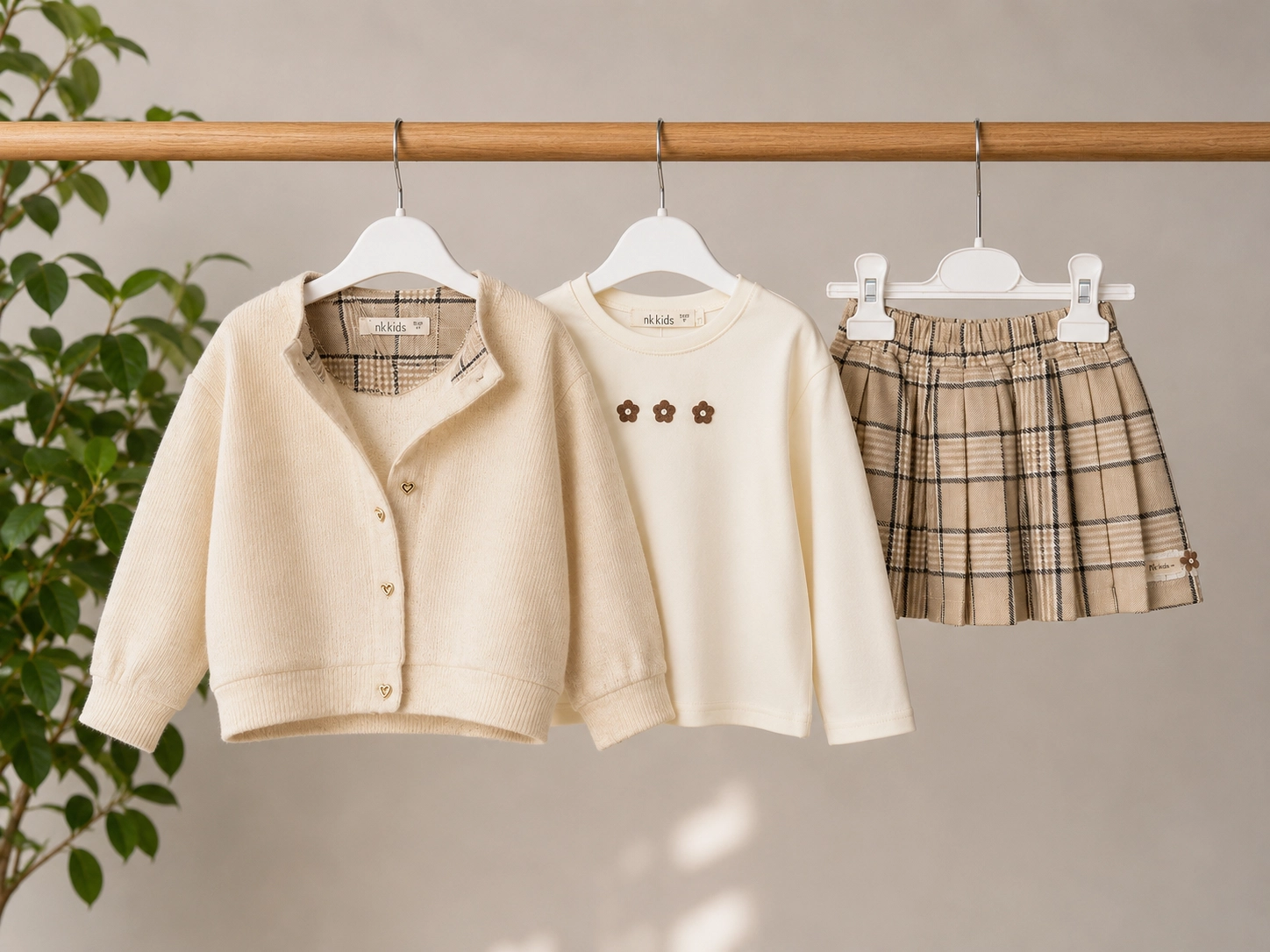 Kız Çocuk Triko Ceketli Ekose Pileli Etek Sweatshirt 3lü Takım  (1-4 yaş)