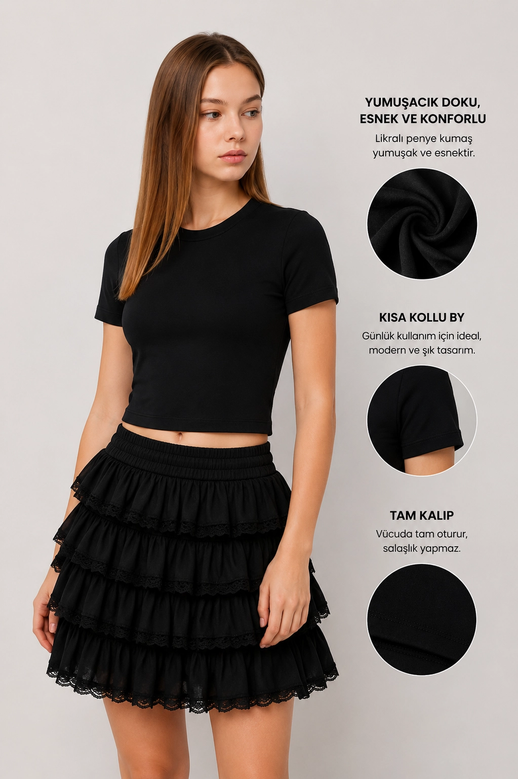 8-15 Penye Crop T-shirt Siyah