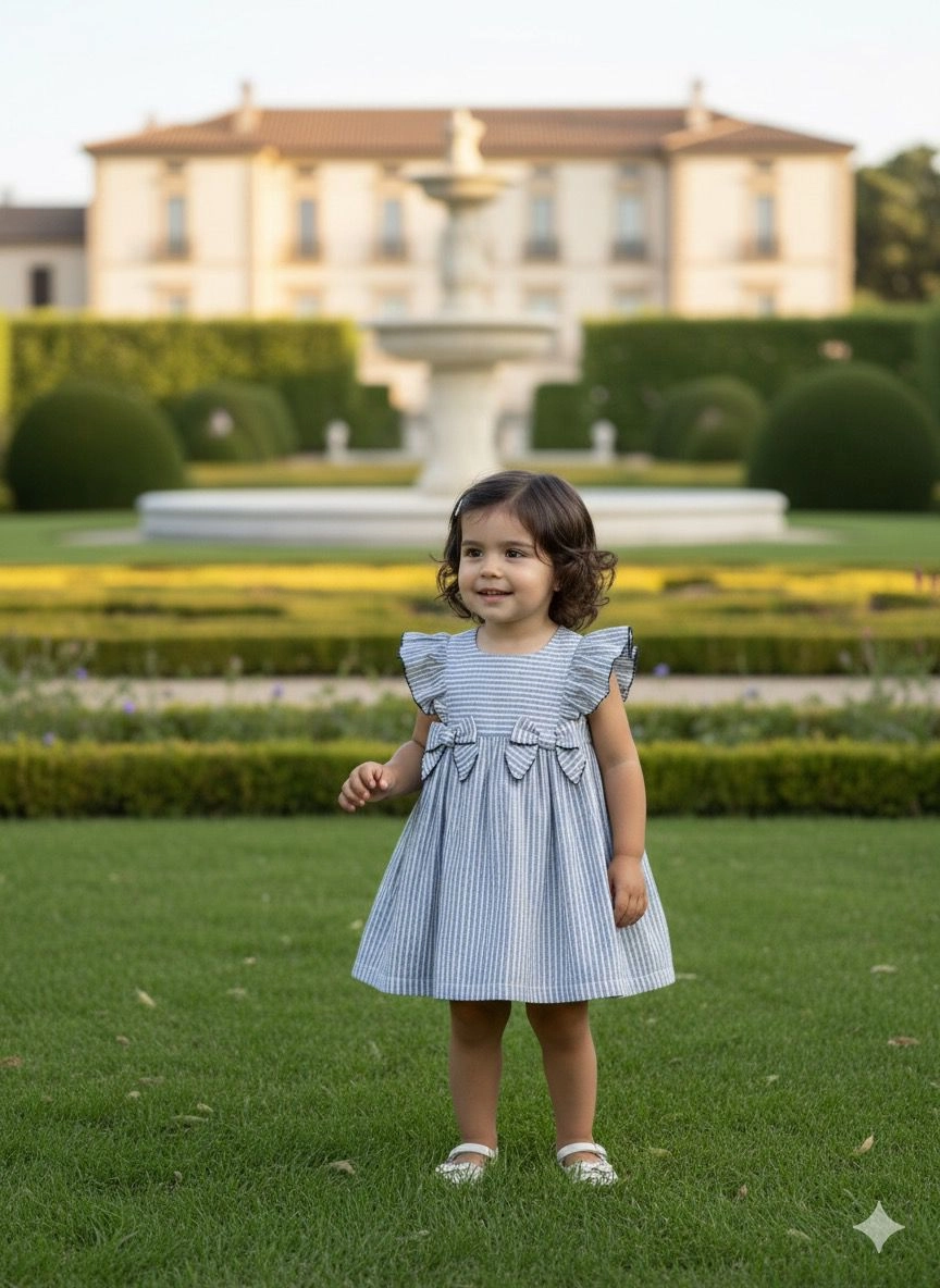 1-4 Yaş Fiyonk Ve Fırfır Detaylı Keten Elbise Mavi