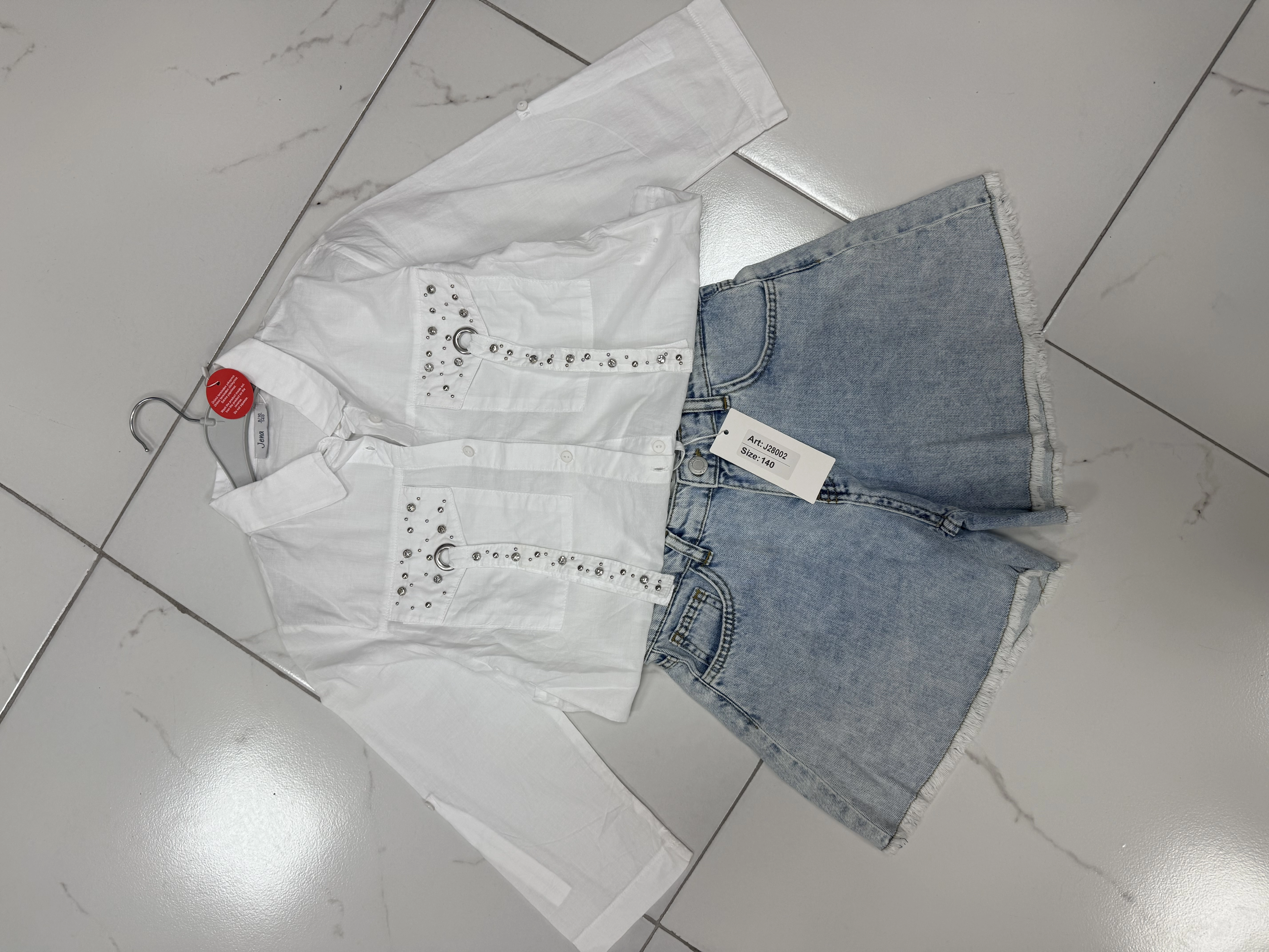 8-14 Yaş Aralığı Taşlı Cotton Gömlek & Denim Şort