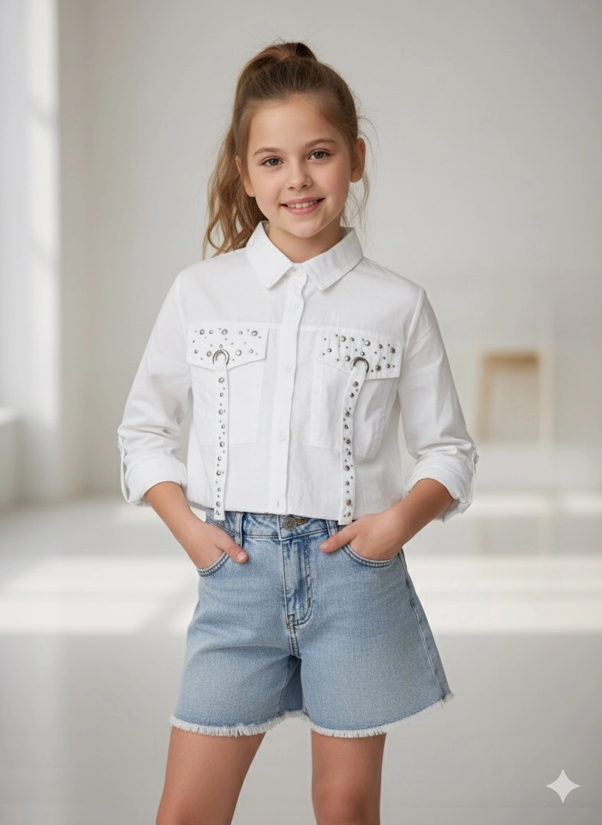 8-14 Yaş Aralığı Taşlı Cotton Gömlek & Denim Şort