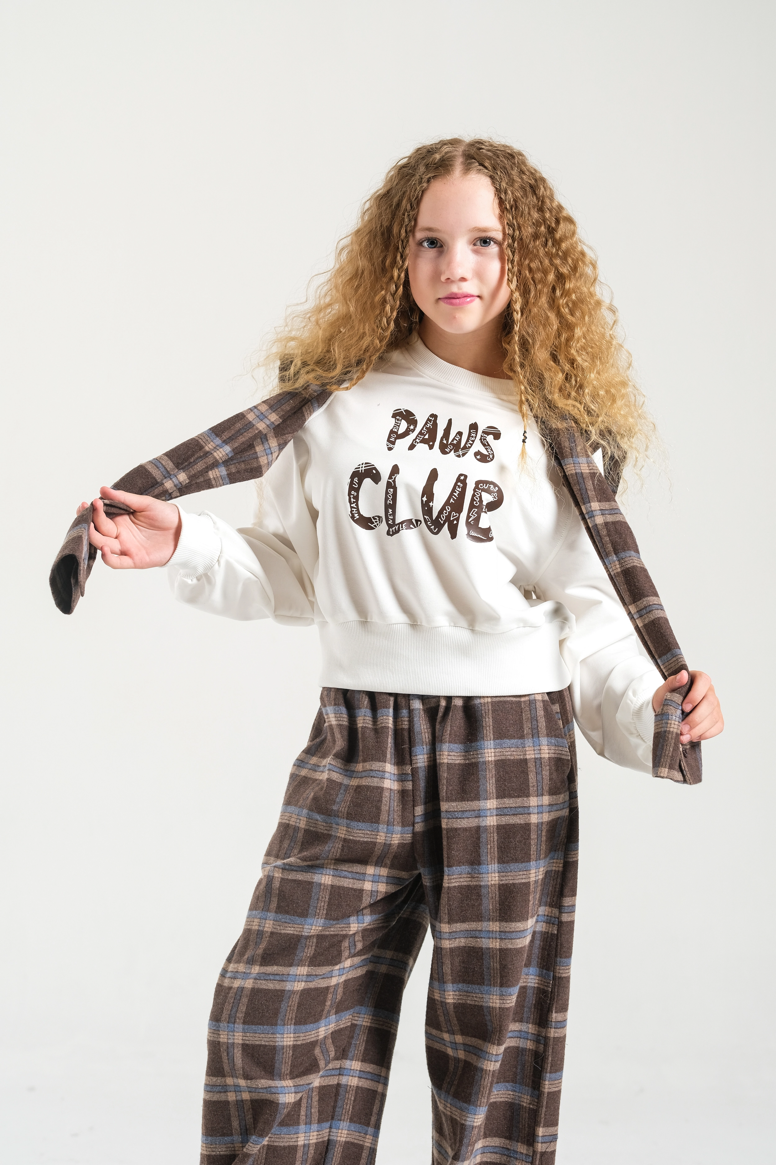 Kız Çocuk Paws Club Ekoseli Sweat Ekru/Kahve(9-15 yaş)
