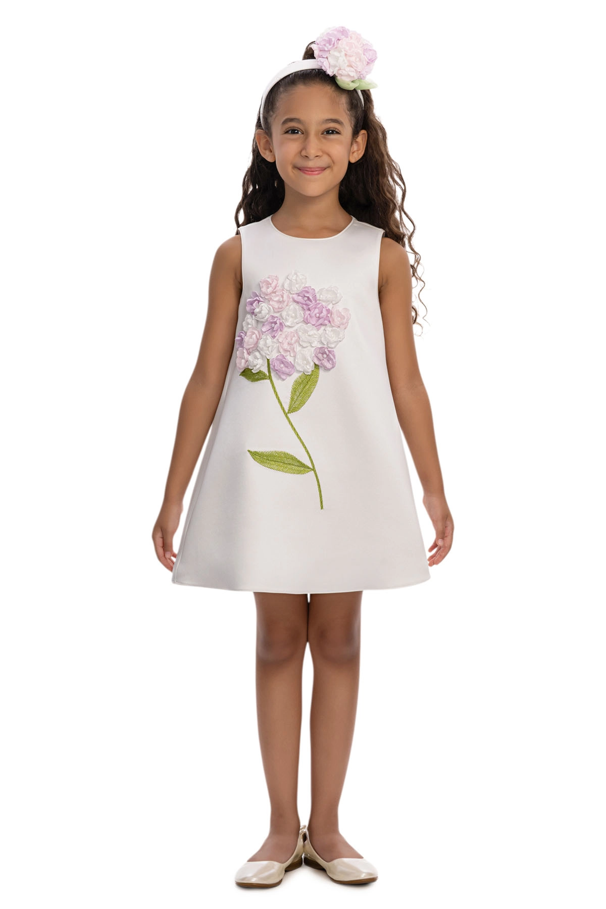 3-7 Yaş Pastel Çiçek Ahenk Elbise Ekru