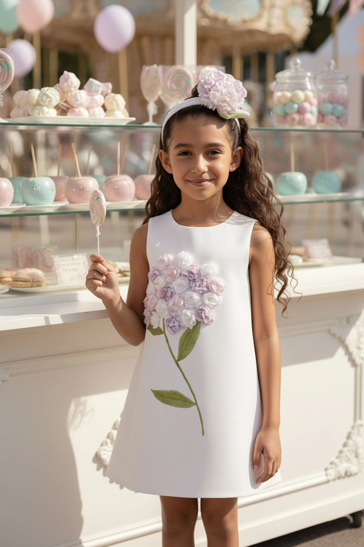 3-7 Yaş Pastel Çiçek Ahenk Elbise Ekru