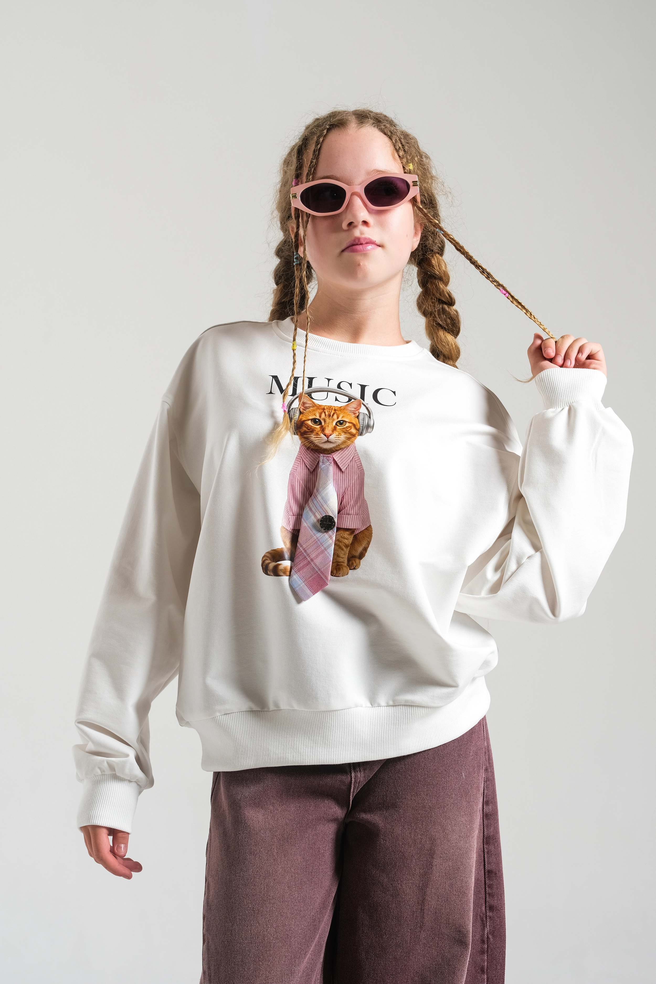 Kız Çocuk 3D Kedi Baskılı Sweat Ekru(9-15 yaş)