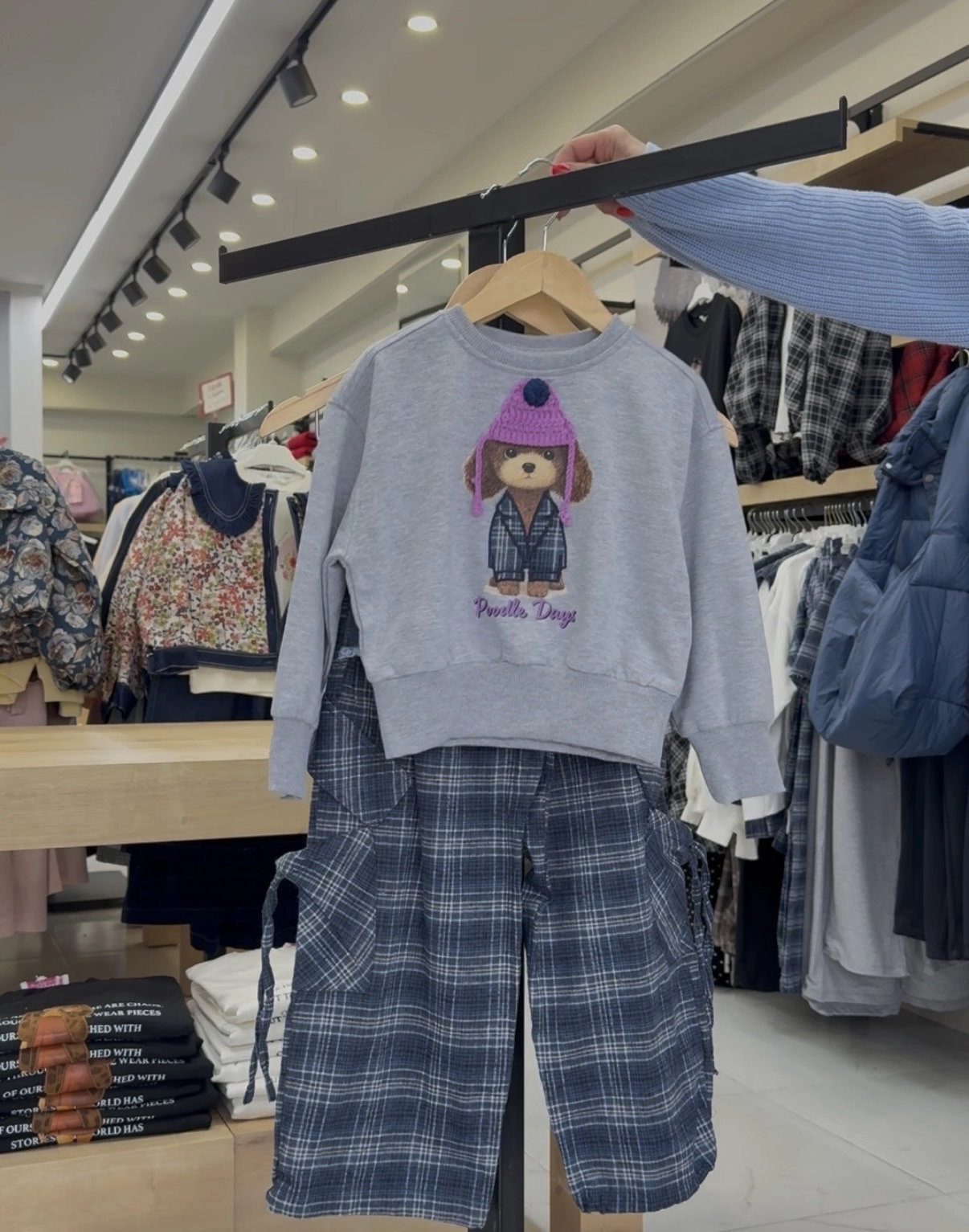 Kız Çoçuk Ekose Denim Detaylı Takım Gri Melanj/Lacivert(3-8 yaş)