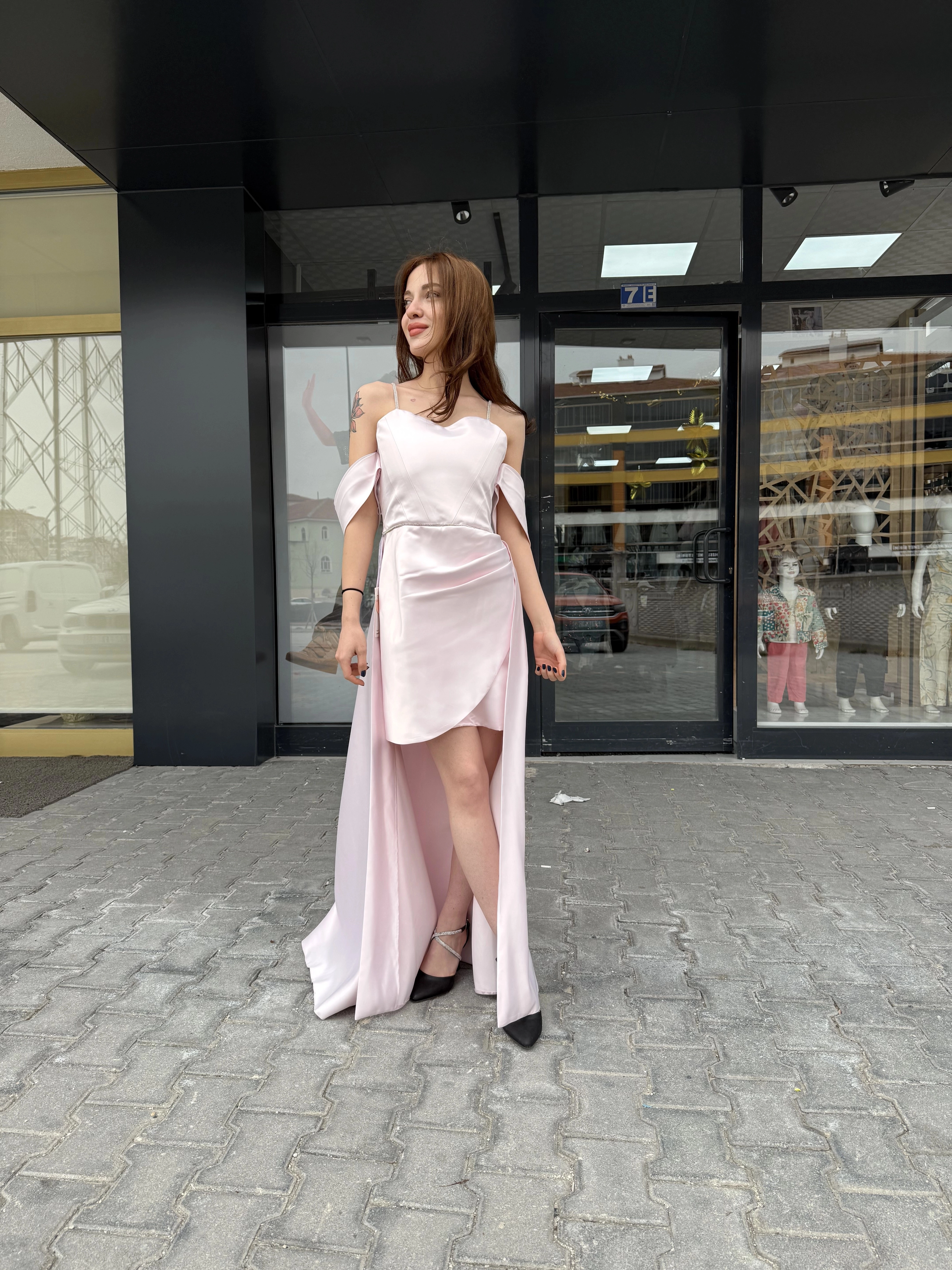 10-15 Pelerinli Mini Abiye Pembe