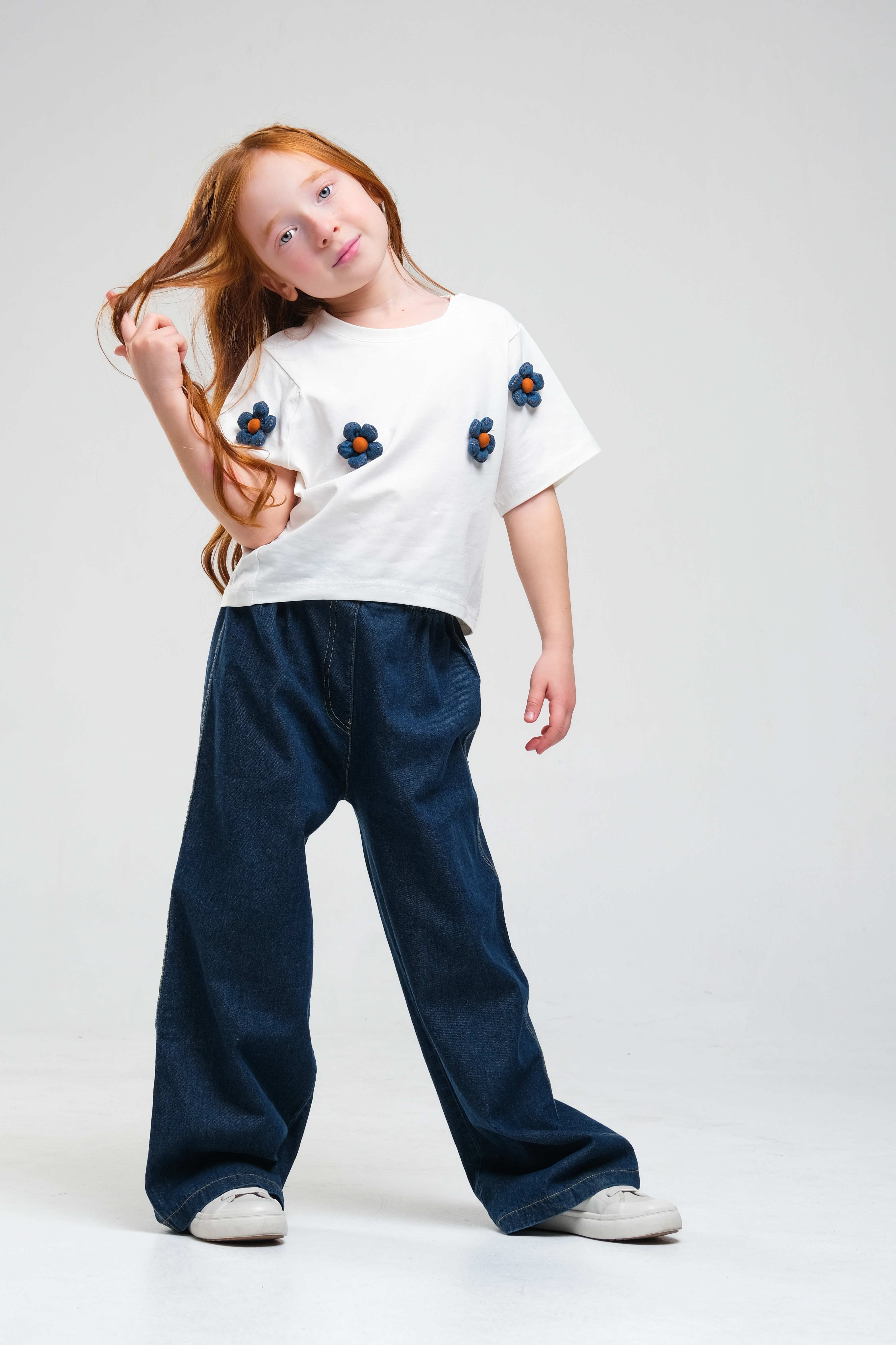 3-8 Çiçek Aplikeli Oversize Jean Takım