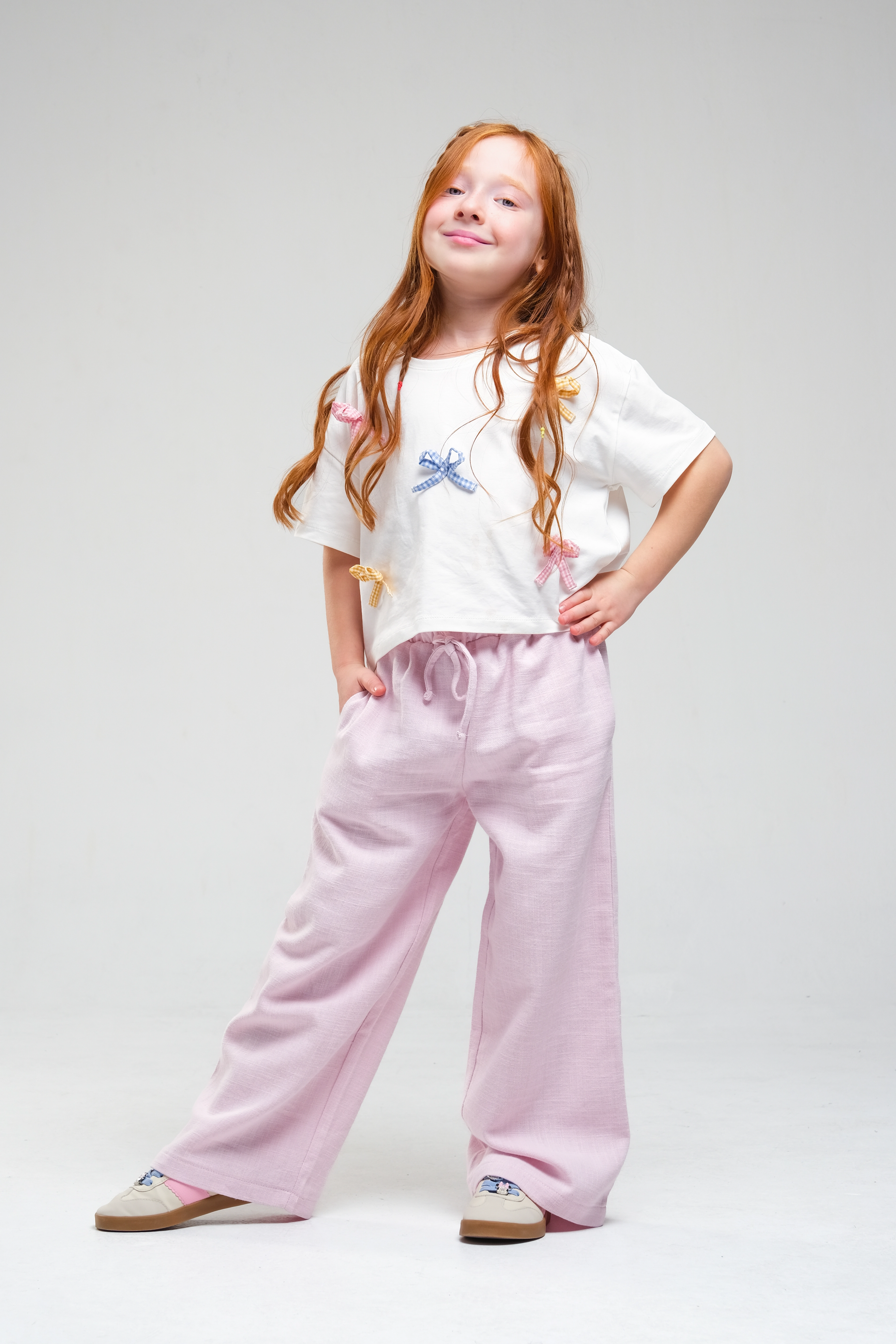 3-8 Kurdela Detay Salaş Tshirt Ekose Bağcıklı Pembe Pantolon Takım