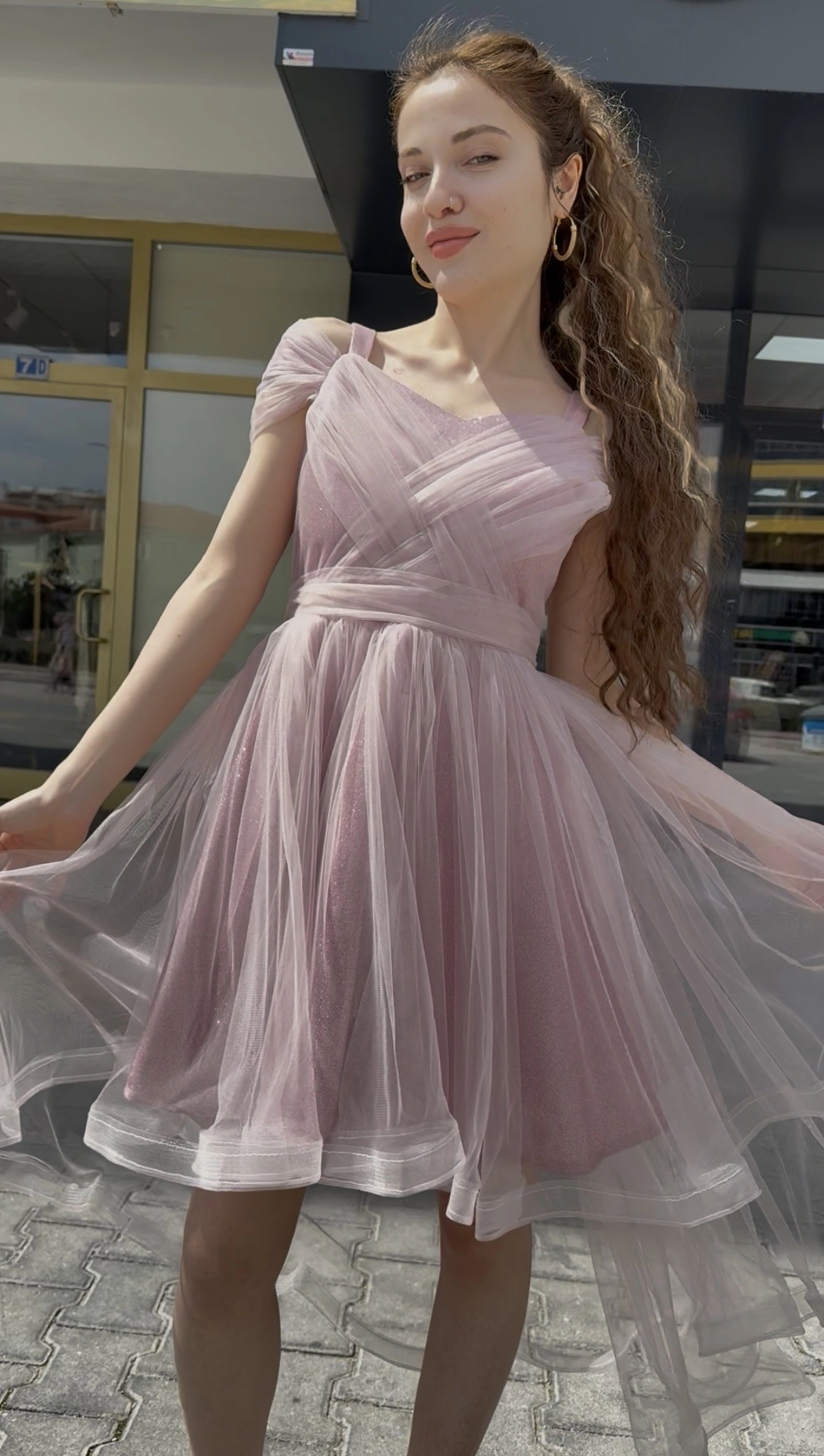 10-14 Simli Tül Abiye Pembe