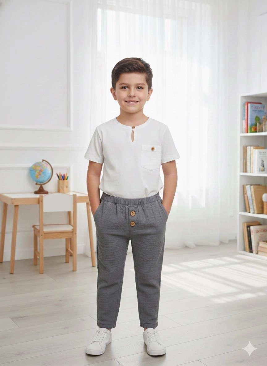 1-6 Yaş Müslin Pantolonlu Takım Gri