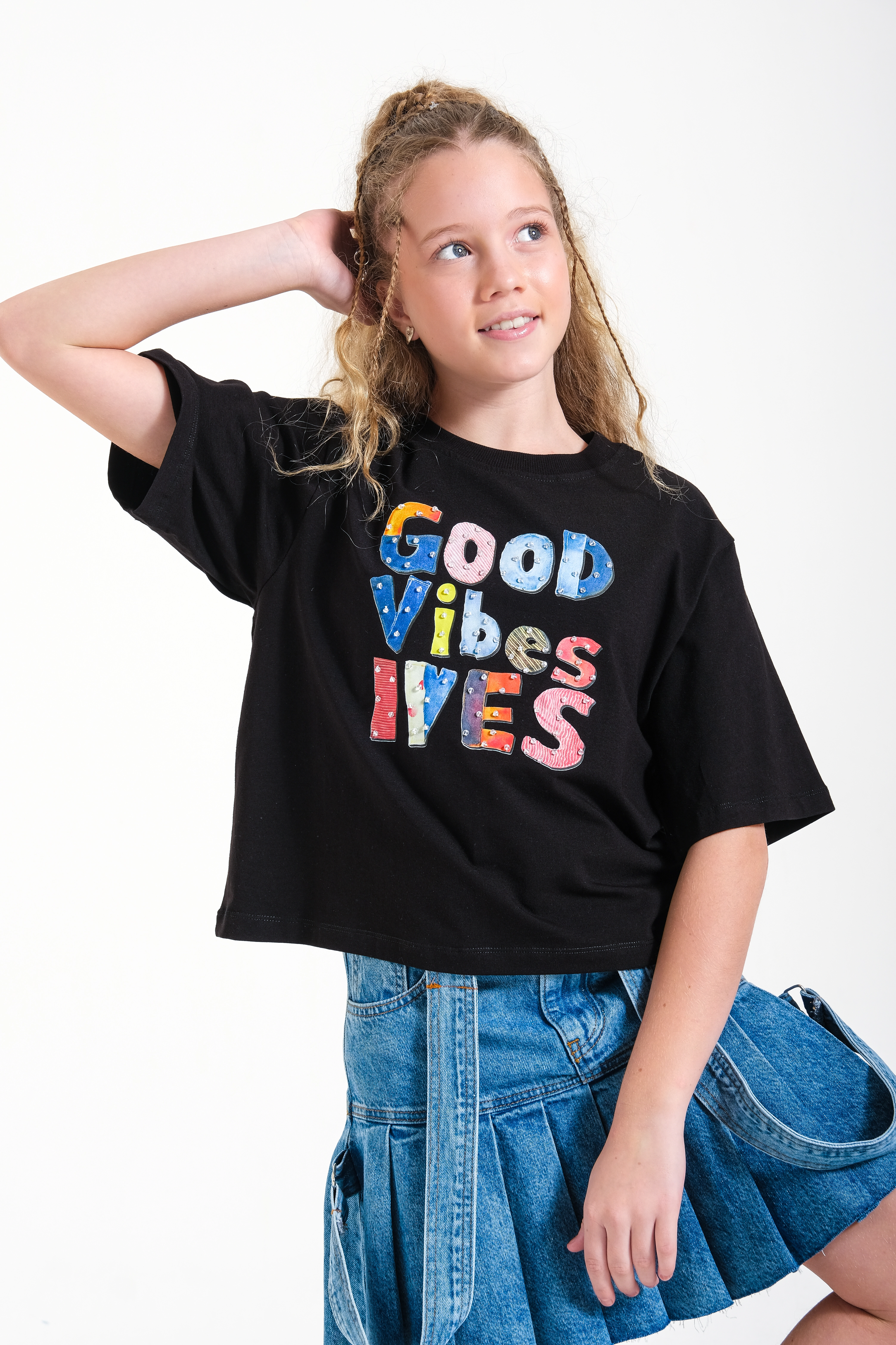 8-14 Good Vibes Boncuk T-Shırt Siyah