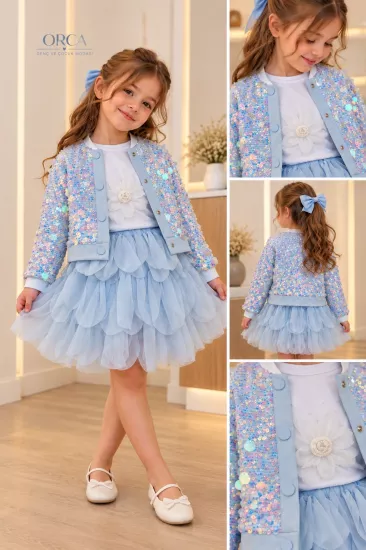 Kız Çoçuk Pul Payetli Elsa 3lü Takım Mavi  (4-8 yaş)