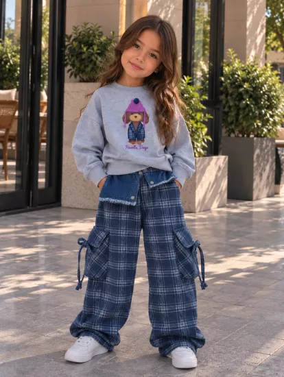 Kız Çoçuk Ekose Denim Detaylı Takım Gri Melanj/Lacivert(3-8 yaş)