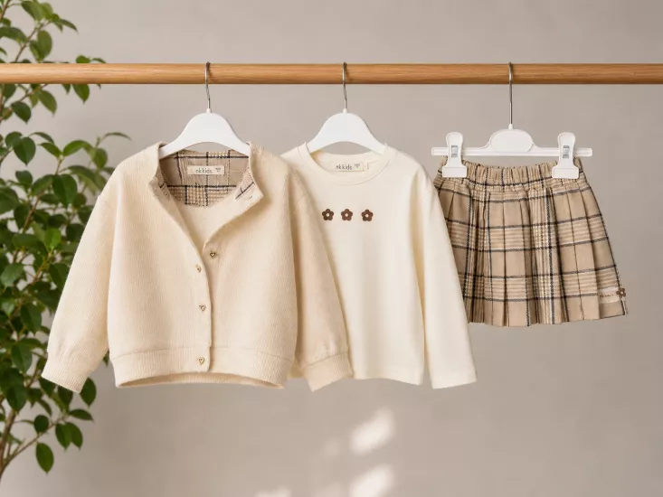 Kız Çocuk Triko Ceketli Ekose Pileli Etek Sweatshirt 3lü Takım  (1-4 yaş)