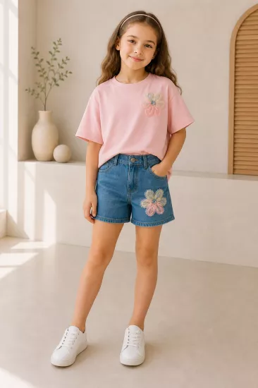 3-8 3D Çiçek Detaylı Jean Takım Pembe