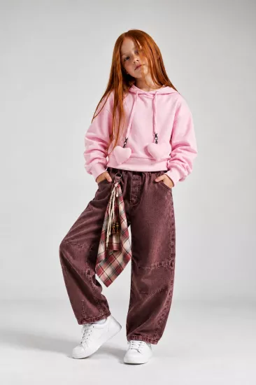 Kız Çoçuk Kapüşonlu Kalp Detaylı Sweat Denim Pantolon Takım(3-8 yaş)