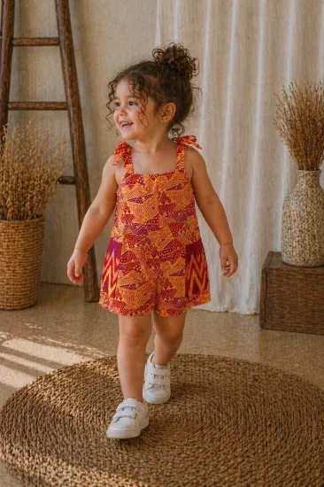 1-4 Yaş Etnik Desenli İnce Keten Tulum Turuncu