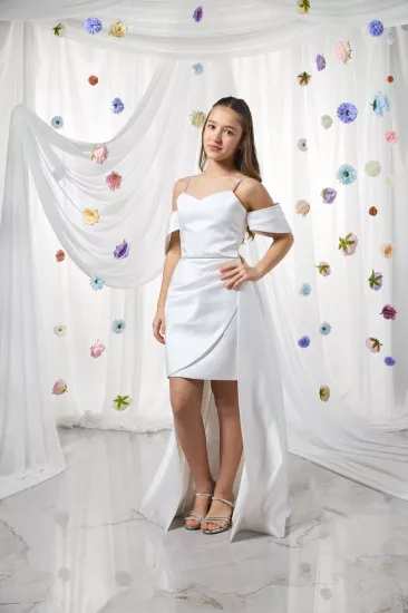 10-15 Pelerinli Mini Abiye Beyaz