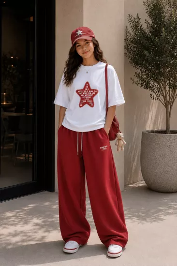 9-14 Oversize Kırmızı Yıldız Detaylı Salaş T-Shırt