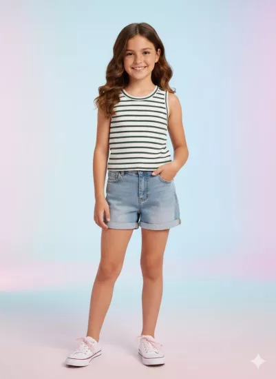 8-14 Yaş Mint Yeşil Çizgi Detaylı Crop T-shırt