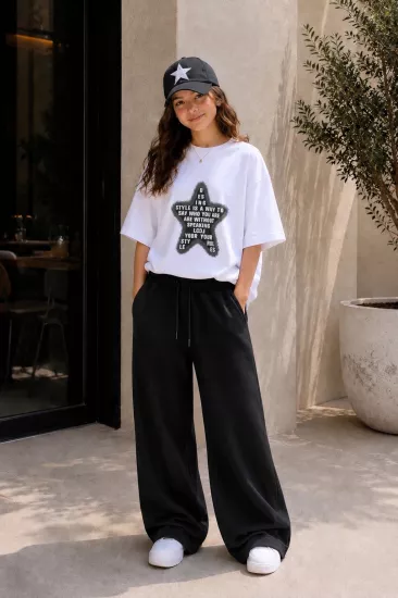 9-14 Oversize Siyah Yıldız Detaylı Salaş T-Shırt
