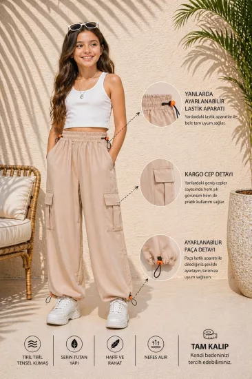 3-12 Yaş Kargo Cep Dökümlü Cotton Pantolon Krem