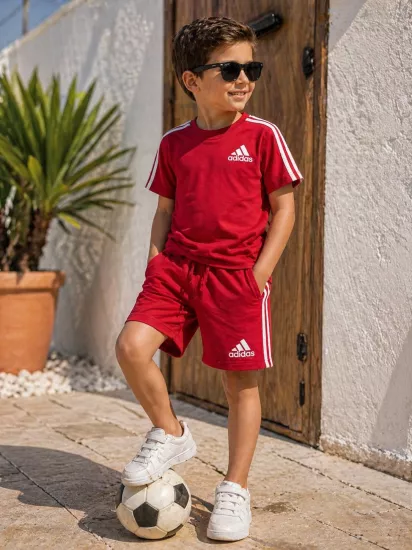 2-14 Yaş Adidas Çizgili Şortlu Takım Kırmızı