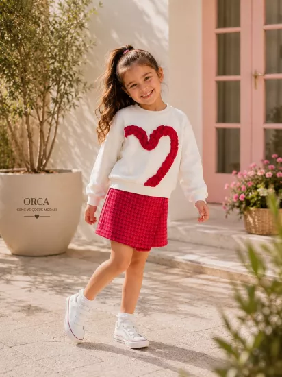 Kız Çocuk Kalp Detaylı Fırfırlı Sweatshirt & Dokuma Şort Etek 2li Takım (4-8 yaş)