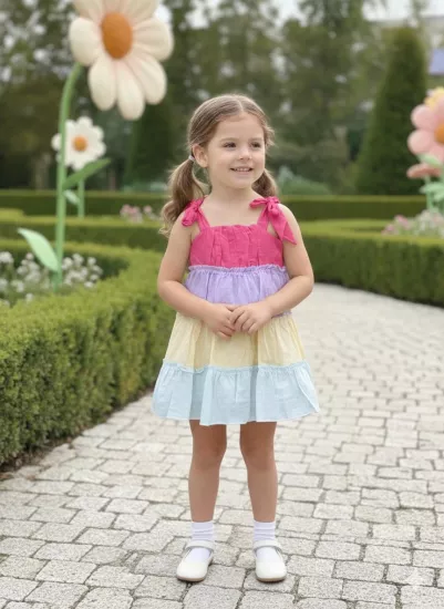 2-5 Yaş Gökkuşağı Keten Elbise Premium Pembe