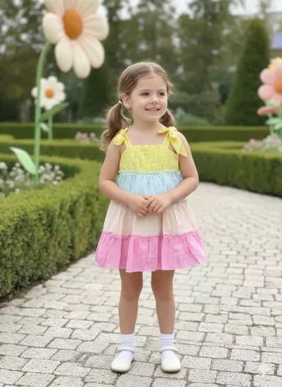 2-5 Yaş Gökkuşağı Keten Elbise Premium Sarı
