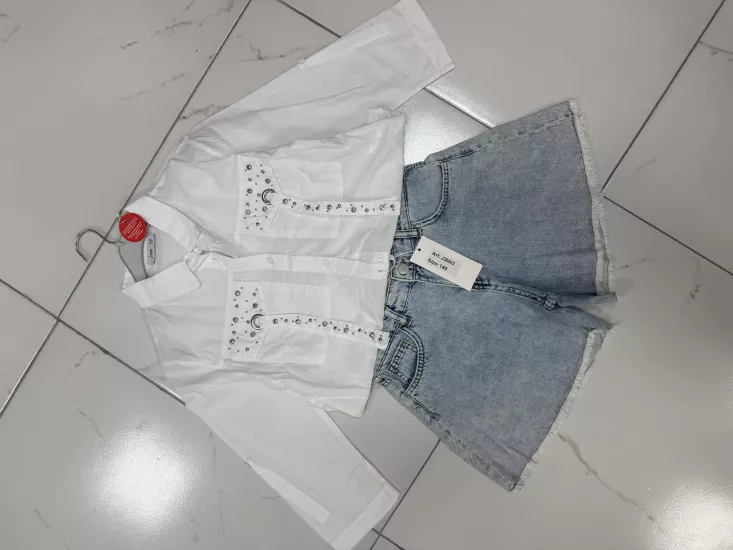 8-14 Yaş Aralığı Taşlı Cotton Gömlek & Denim Şort