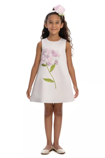 3-7 Yaş Pastel Çiçek Ahenk Elbise Ekru