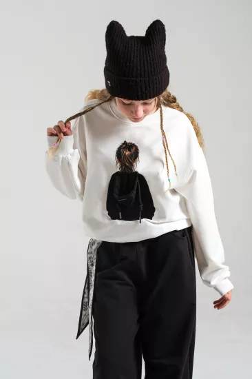 Kız Çocuk 3D Kapüşon Baskılı Sweat Ekru/Siyah(9-15 yaş)
