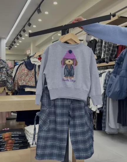 Kız Çoçuk Ekose Denim Detaylı Takım Gri Melanj/Lacivert(3-8 yaş)