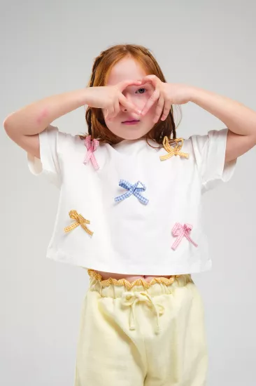 3-8 Kurdela Detay Salaş Tshirt Ekose Bağcıklı Sarı Pantolon Takım