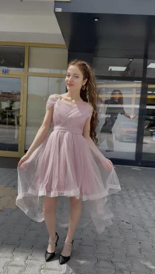 10-14 Simli Tül Abiye Pembe