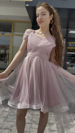 10-14 Simli Tül Abiye Pembe