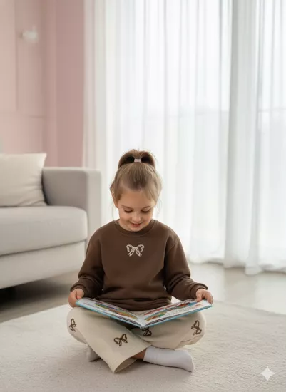 3-10 Yaş Kurdela Detaylı 2li Takım Kahve