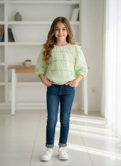 10-14 Yaş Cotton Yarım Kol Balon Bluz Su Yeşili