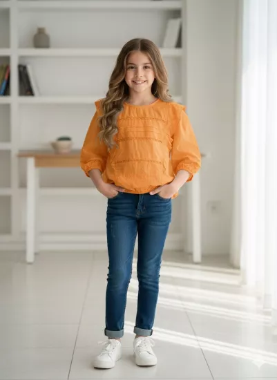 10-14 Yaş Cotton Yarım Kol Balon Bluz Turuncu