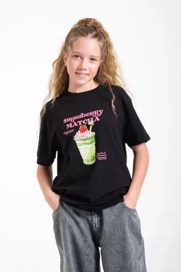 8-14 Strawberry  Matcha T-Shırt Siyah