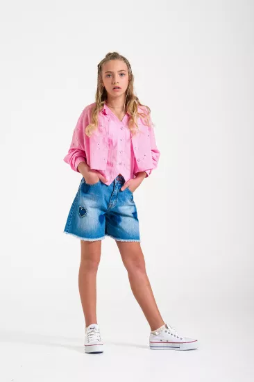 8-15 Taşlı Gömlek Pembe