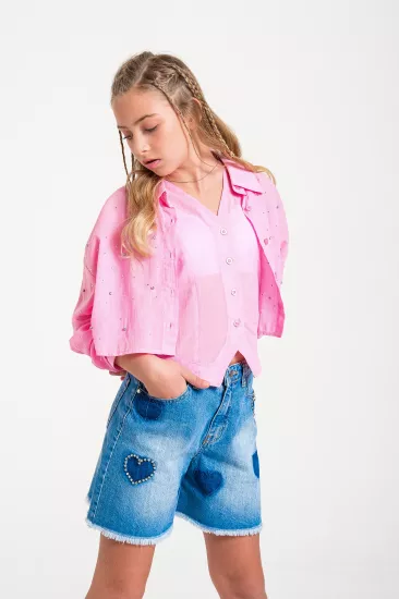 8-15 Taşlı Gömlek Pembe