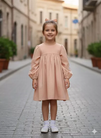1-10 Yaş Arası Çiçek İşleme Detalı Elbıse Pudra