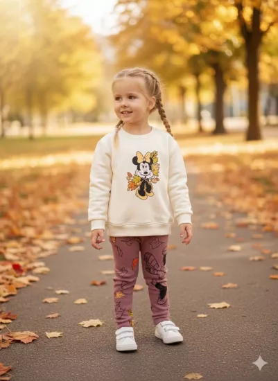2-8 Yaş Aralığı Minnie Mause Sonbahar Temalı Fitilli Taytlı Takım