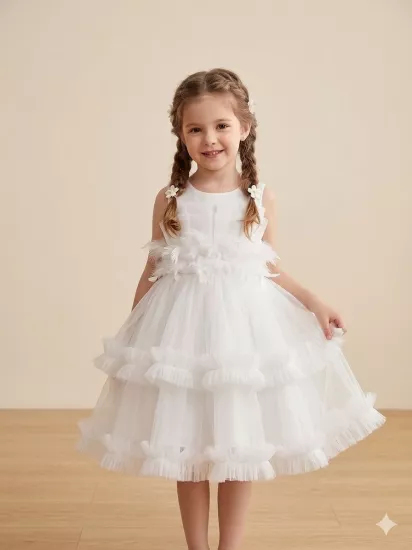 2-10 Drape Tüy Detaylı Abiye Beyaz